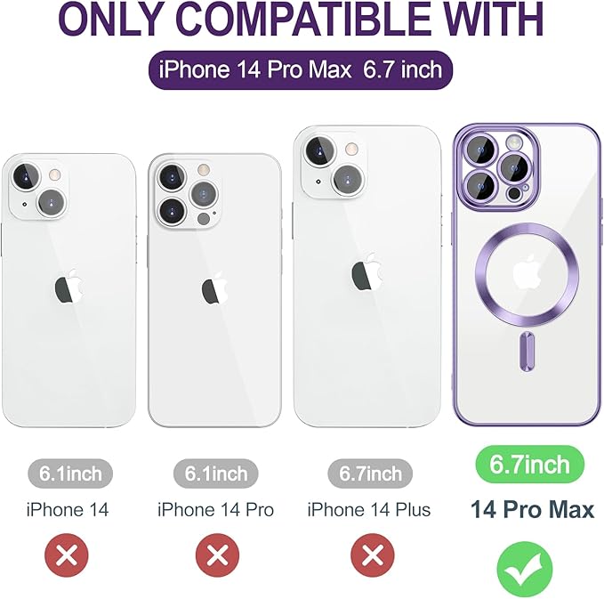 Hython Magnetic Clear for iPhone 14 Pro Max Case with Camera Lens Protector [Compatible with MagSafe] Plating Edge Slim Soft TPU Cover Protective Phone Case for iPhone 14 Pro Max 6.7", Light Purple