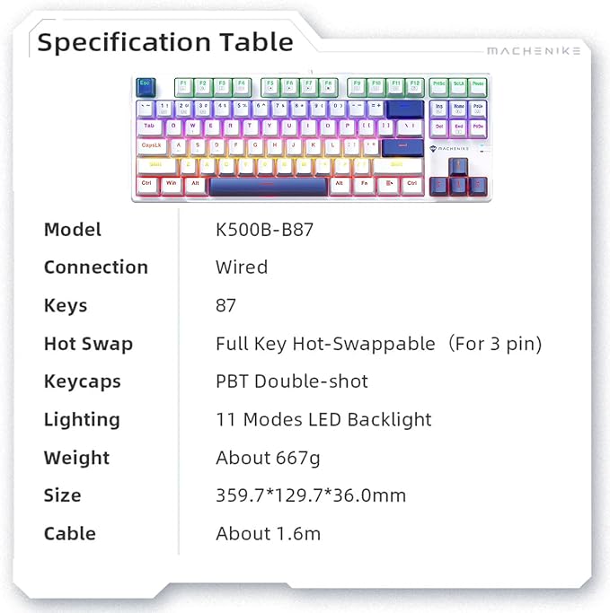 Machenike K500B-B87 75% TKL Mechanical Wired Gaming Keyboard, 87 Keys Compact Hot Swappable Linear Red Switch with Number Pad, Dynamic RGB Backlit, Anti-Ghosting, Double-Shot PBT Keycaps, White/Blue