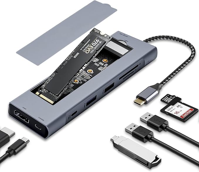 8-in-1 USB C Hub with M.2 NVMe SSD Enclosure, 4K HDMI, 100W PD, 10Gbps USB-C, USB3.1, SD/TF Card Reader for XPS, Dell, MacBook Pro, iPad Pro Upgraded