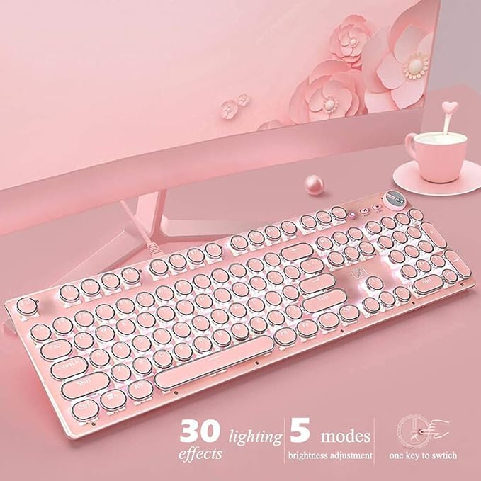 Pink Typewriter Keyboard and Mouse,Retro Vintage Mechanical Gaming Keyboard with White LED Backlit,104 Keys Anti-Ghosting Blue Switch Wired Cute Keyboard,Round Keycaps for Desktop PC/Laptop Mac