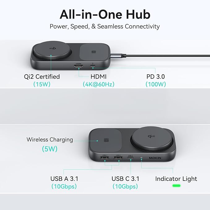 MOKiN USB C Hub 15W Wireless Charger, Qi2 Certified Magsafe Charging Stand with 4K@60Hz HDMI, 100W PD, 10Gbps USB C/A, and 5W Charging Pad, Laptop Docking Station for MacBook/Windows