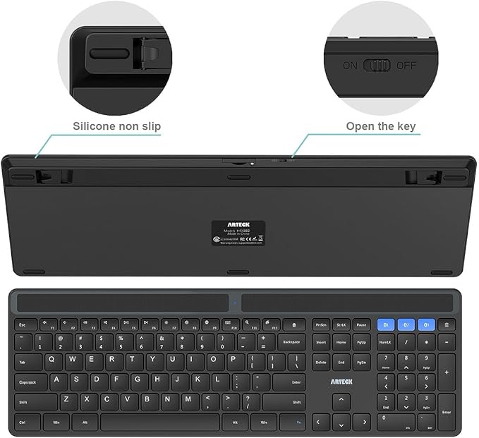 Arteck Solar Bluetooth Keyboard, Universal Multi-Device Full Size Wireless Keyboard for Windows iOS Android Computer Desktop PC Laptop Surface Tablet Smartphone Rechargeable Battery