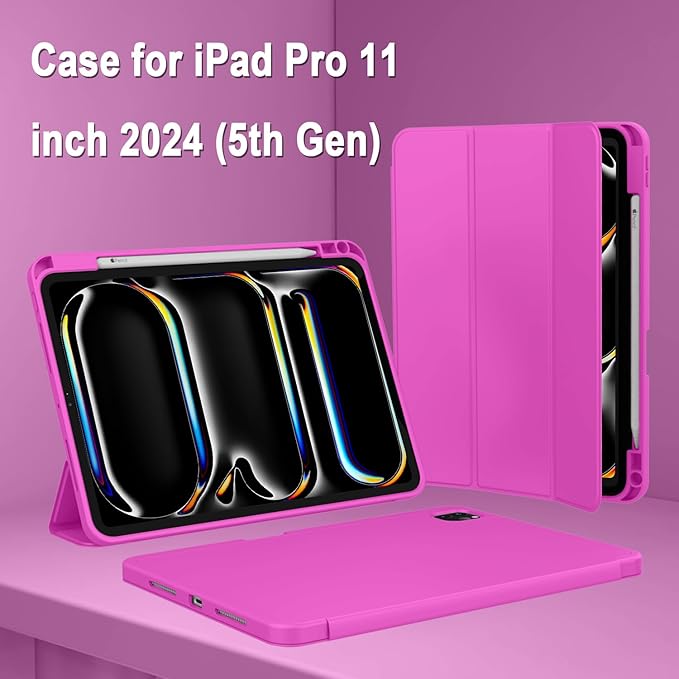 ZryXal iPad Pro 11 Inch Case (M5) 2025/ (M4) 2024 (Model: A2836/A2837/A3006), Trifold Stand Smart Cover with Pencil Holder and Soft TPU Back, Auto Wake/Sleep (Deep Pink)