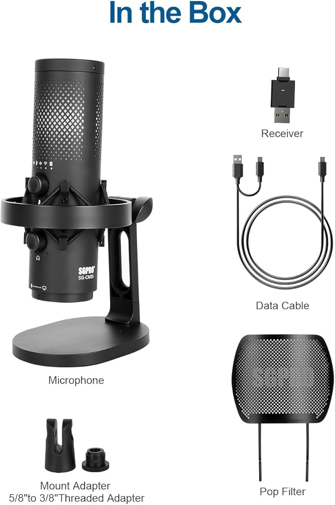 SGPRO Wireless USB Microphone for Streaming, Podcast, SG-CM25 Gaming Condenser Mic with RGB, Noise Cancellation, Tap to Mute, 24-bit/48kHz Recording, Includes Shock Mount & Pop Filter (PC/Mac/Mobile)