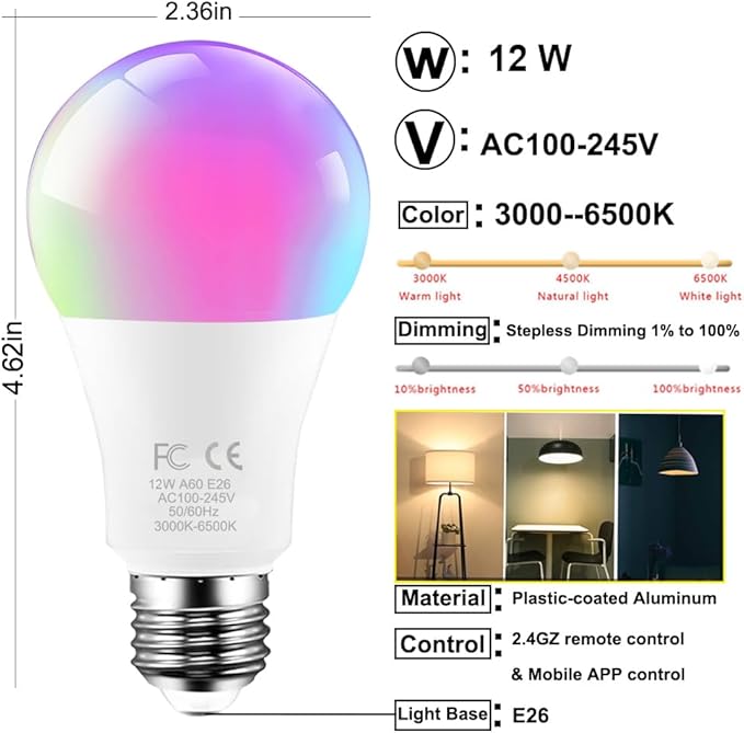 RGBCW LED Bulb with a 2.4GHz Remote Control, A60 12W 1000lm Color Changing Smart Light Bulb for Lamp, Bedroom, Mood Soothing,100W Equivalent,Dimmable 1% to 100% 3000-6500K,1 Bulb & Remote