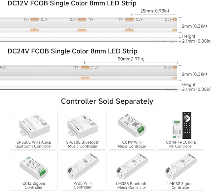 BTF-LIGHTING FCOB IP65 Waterproof Green Color COB LED Strip 16.4FT DC24V 480LED/m 8mm Width Flexible High Density CRI 90+ Dimmable LED Light for Home Indoor Decor(No Controller or Adapter)