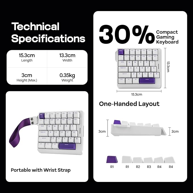 EPOMAKER HE30 One-Handed Hall Effect Keyboard, 8K Polling & 0.125ms, SOCD & Snap Key, Adjustable Trigger, PBT Keycap, RGB, Custom Software, Wired Gaming Keyboard for PC/Gamer (White Purple)