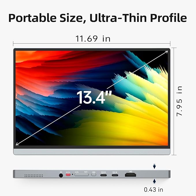 Intehill 4K Portable Monitor for Laptop, 13.4" IGZO Display with Full-Laminated Tempered Glass 500 Nits, 100% sRGB Portable Laptop Screen with Kickstand & Speakers, USB-C & HDMI Travel Monitor, U13ZC