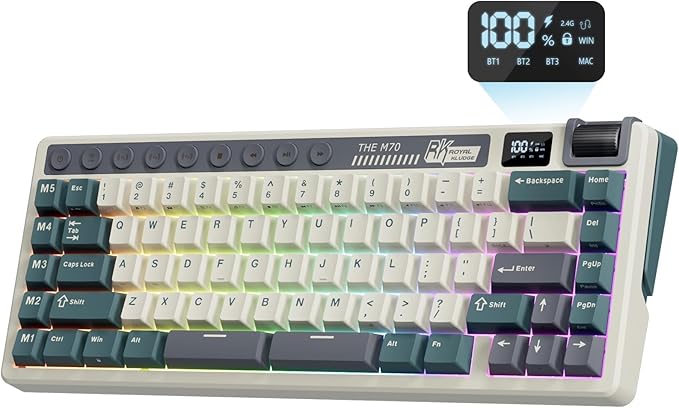 RK ROYAL KLUDGE M70 Wireless Mechanical Keyboard with Macro Keys 2.4GHz/Bluetooth/Wired 75% Gaming Keyboard with 6000mAh Battery Gasket-Mount Display & Knob RGB Hot-Swappable Soft Tactile Beige Switch