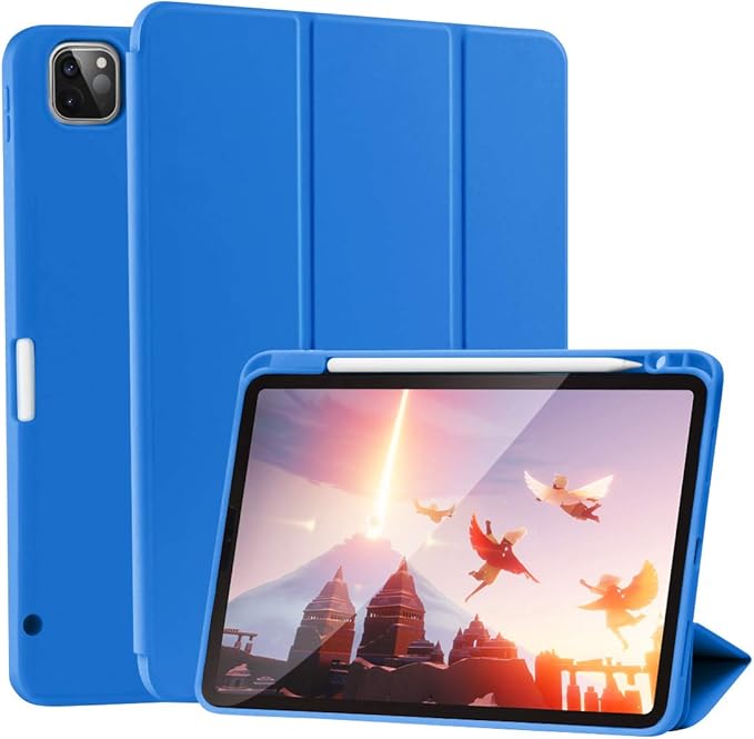 Cases for iPad Pro 12.9 Case 6th/5th/4th Generation (2022/2021/2020) with Pencil Holder [Apple Pencil Wireless Charging] Soft TPU Smart Tri-fold Stand Protective Cover(Blue)