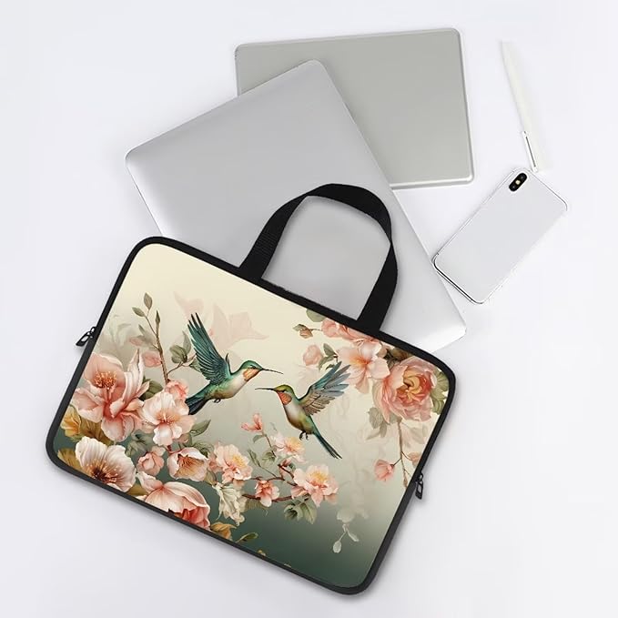 Hummingbird Laptop Sleeve for Women, Protective Computer Cover Case with Handle Briefcase Carrying Bag Compatible 13 Inch Notebook, Chromebook Computer, Vintage Floral