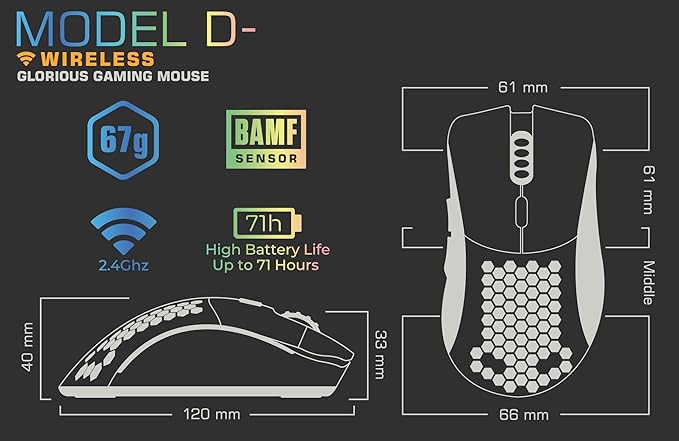 Glorious Gaming Model D- (Small) Wireless Gaming Mouse - 67g Superlight Honeycomb Design, RGB, Ergonomic, Lag Free 2.4GHz Wireless, Up to 71 Hours Battery - Black