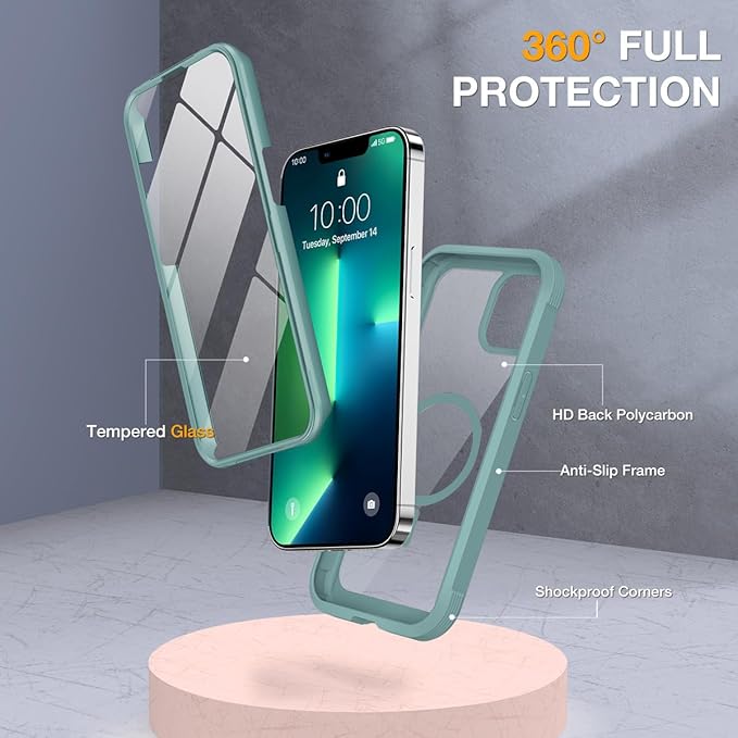 Miracase for iPhone 13 Pro Case 6.1",Full-Body Protection,Clear Bumper Case with Built-in 9H Tempered Glass Screen Protector,Military-Grade Drop Protection Outdoor Phone Case for iPhone 13 Pro,Teal