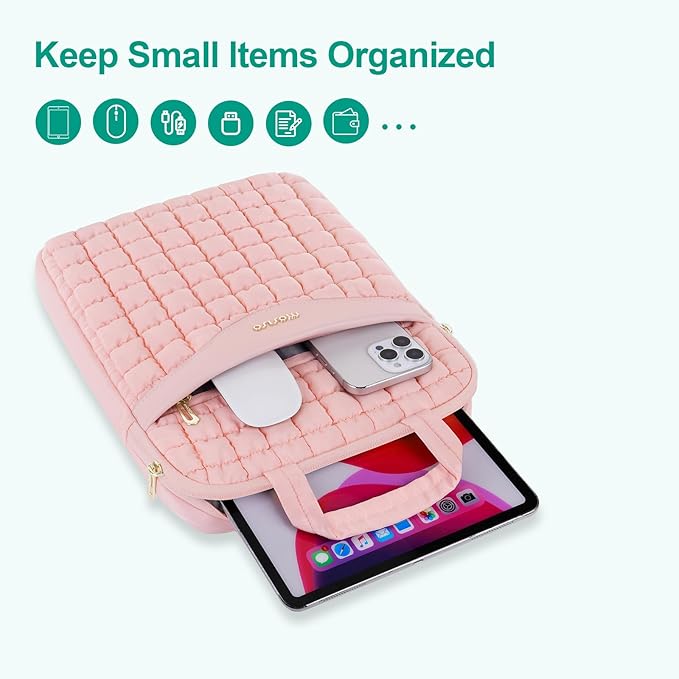 MOSISO 12.9 inch Tablet Sleeve Case for iPad Pro 13 M4 & iPad Air 13 M3 M2, iPad Pro 12.9 M2 M1 6/5th with Magic Keyboard&Smart Keyboard Folio, Puffy Raised Grid Quilted Carrying Tablet Bag Cover,Pink