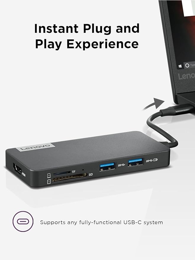 Lenovo – USB-C 7-in-1 Hub – Computer Networking Laptop Accessory – Laptop Docking Station - 4K via HDMI, 3 USB-A devices, 2 SD/TF Card Readers USB-C Power Pass Through