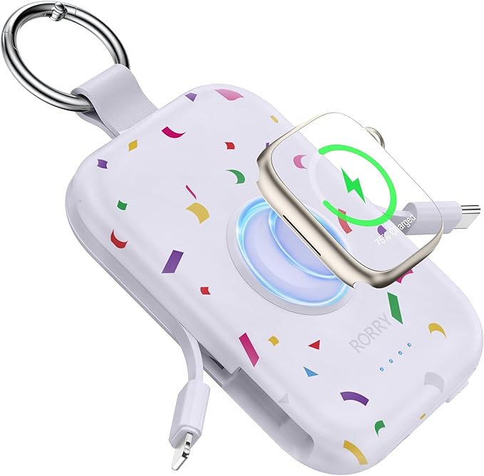 RORRY Portable Charger, 5000mAh Portable Charger Power Bank with Built-in Cables, Travel Keychain Battery Pack for Apple Watch Ultra/11/10/9/8/7/6/SE, iPhone Air/17/16/15/14/13/12, Confetti-Purple