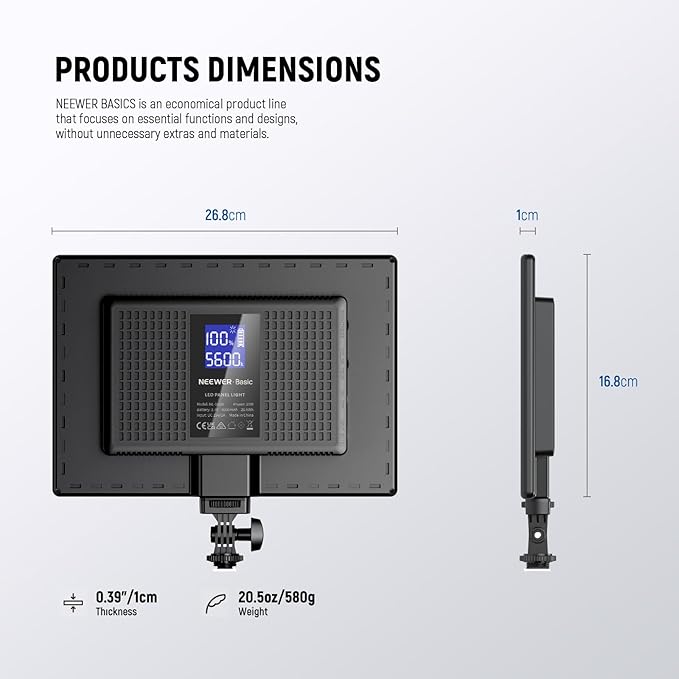 NEEWER Basics 13" LED Video Light Panel, 20W Ultra Thin Bi Color Dimmable DSLR Camera Soft Photo Key Lighting for Streaming Studio Photography Podcast Recording, 8000mAh/3200-5600K/CRI97+, NL-192B