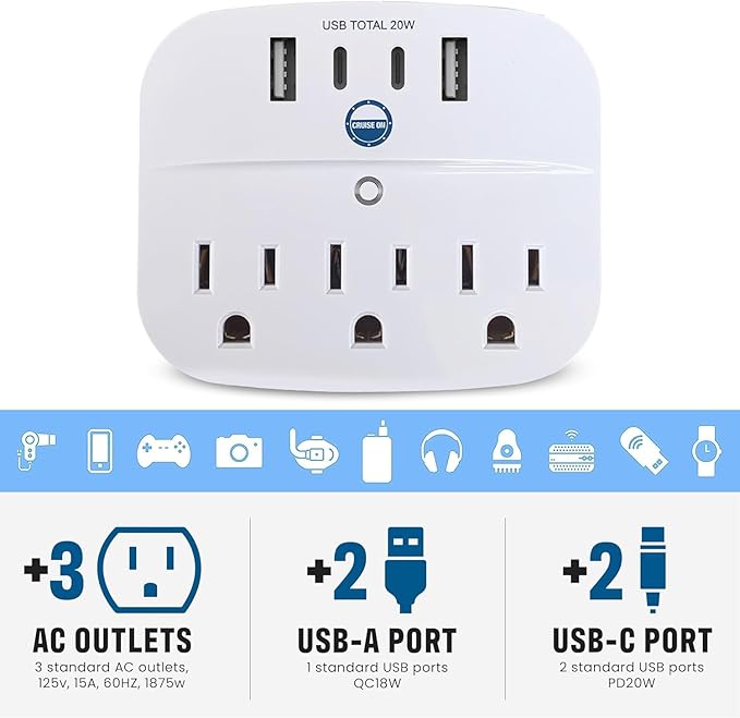 Cruise Approved Power Strip Foldable, Non Surge Protector Travel Power Strip, 2 USB-C, 2 USB, 3 AC Outlet Plugs - Cruise Essentials for Carnival, Celebrity, Princess & Major Lines in 2026 & 2027