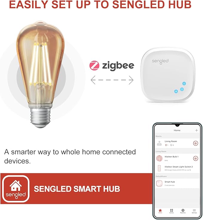 Sengled Zigbee Smart Bulb, Smart Hub Required, Work with SmartThings and Echo with built-in Hub, Voice Control with Alexa and Google Home, Amber Warm 2000K Smart Edison Bulbs, 60W Equivalent 1 Pack