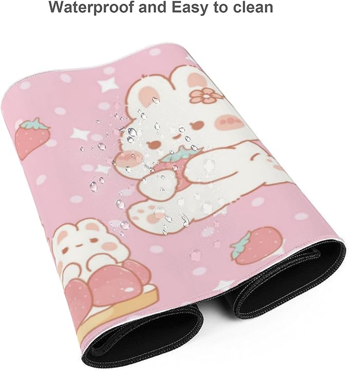 Kawaii Rabbit Strawberry Gaming Mouse Pad Extended Large Mouse Mat 31.5 X 11.8 Inch Nonslip Rubber Base Long Desk Pad Stitched Edges Mousepad Mice Pad for Office Home Game