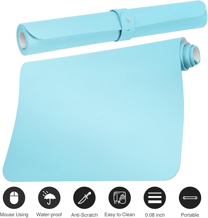 Boutilon Leather Desk Pad Protector,Non-Slip Mouse Pad,Laptop Desk Pad,Office Mouse Mat,Waterproof Leather Desk Blotter,Desk Writing Pad for Office and Home (XL-Light Blue,35.4"x 15.7")