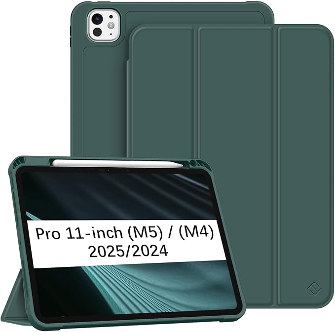 Fintie SlimShell Case for iPad Pro 11-inch (M5) 2025 / (M4) 2024 - [Built-in Pencil Holder] Soft Flexible TPU Protective Stand Back Cover, Midnight Green