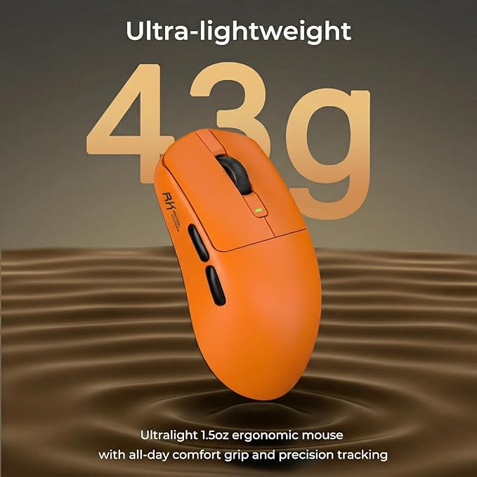 RK ROYAL KLUDGE RK M30 Wireless Gaming Mouse, 43g Ultra-Lightweight Computer Mouse with 2.4GHz/Bluetooth/USB-C, 24000 DPI, Rechargeable PC Game Mice with 5 Programmable Buttons for Win/Mac, Orange