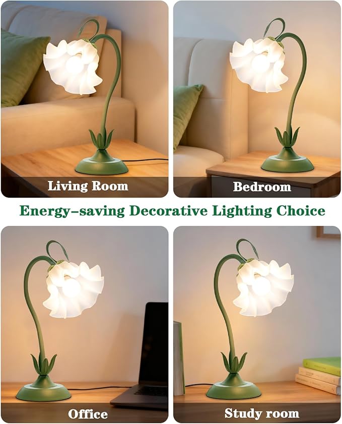 WERFOP Flower Table Lamp, LED Reading Light Vintage Bedside Table Lamp with 3 Color Modes for Nightstand, Kawaii Decoration for Home Bedroom Living Room (Green)