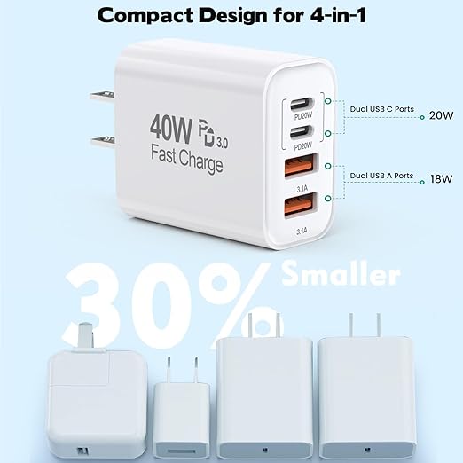 40W iPhone 16 15 Charger Block, 2 Pack USBC Charger Fast Charging Cube, 4Ports USB Type C Wall Charger PD&QC Apple Adapter Multiport Brick Apple Box for iPhone 16/15/14/13/12/11/Pro Max/XS/X, iPad Pro