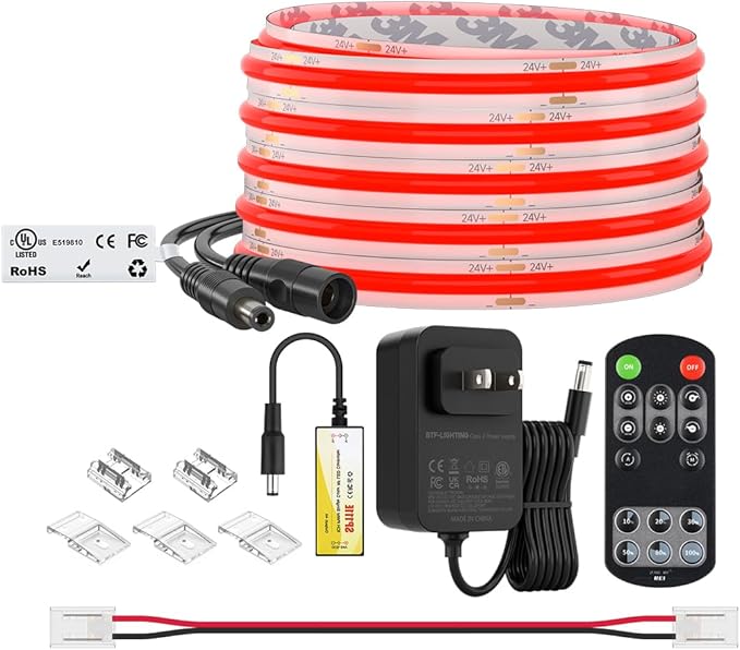 BTF-LIGHTING COB LED Strip Light 24V 16.4FT UL Listed, Red Color Dimmable High Density Flexible Tape Light with RF Remote & ETL Power Adapter, Ultra Bright for Bedroom Kitchen Home Indoor Lighting