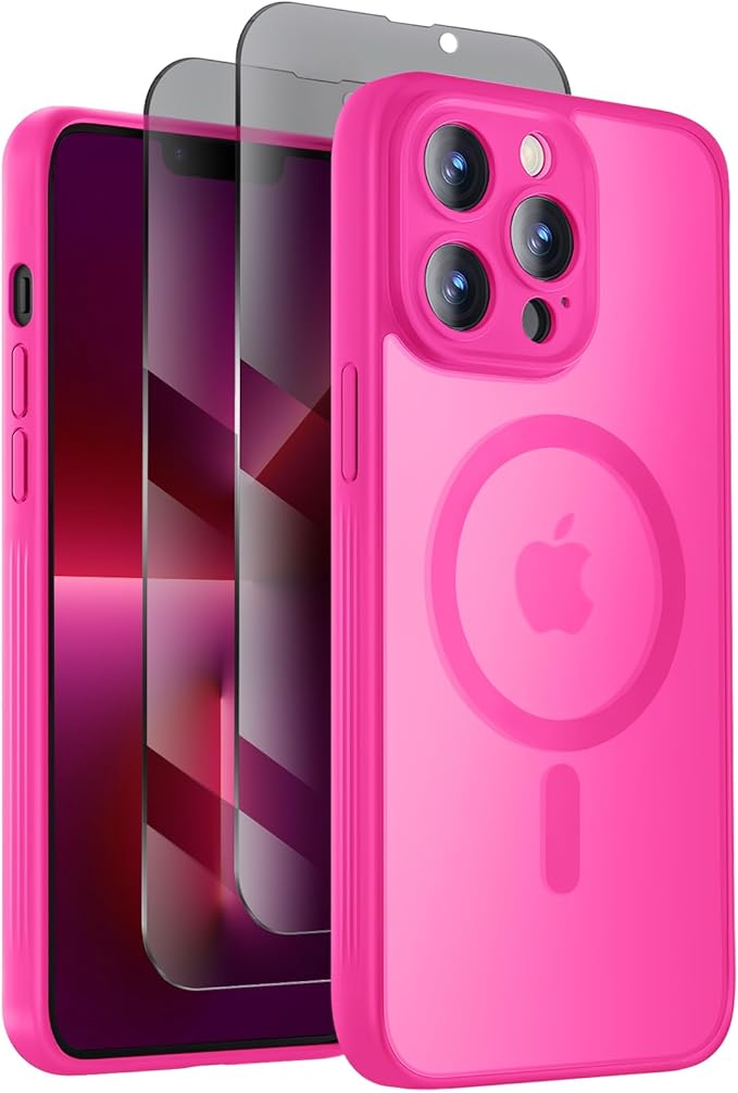 Symcele Designed for iPhone 13 Pro Case, Compatible with MagSafe, with Privacy Screen Protectors X2, [Camera Protection] [15FT Military Drop Protection] Shockproof Phone Case, 6.1", Hot Pink