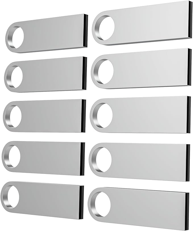 ABLAZE 128MB Flash Drive 10 Pack, Metal USB 2.0 Thumb Drives with Keychains USB Sticks Pendrives (Sliver)