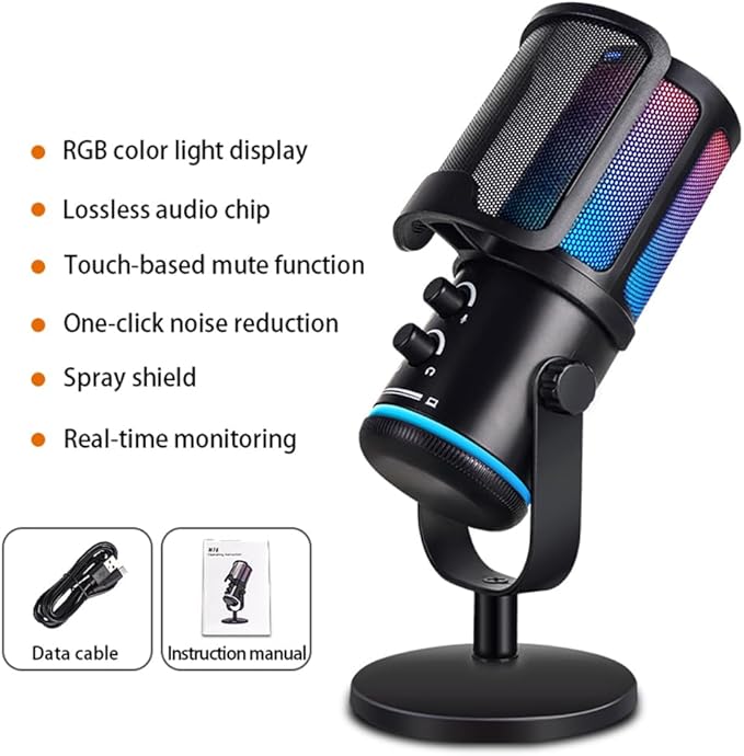UP-S Condenser Microphone for Gaming PC/PS5 - RGB USB with Noise Cancellation & Tap-to-Mute - Triple-Knob Control Desktop Stand Mic for Streaming, Podcasting YouTube Black