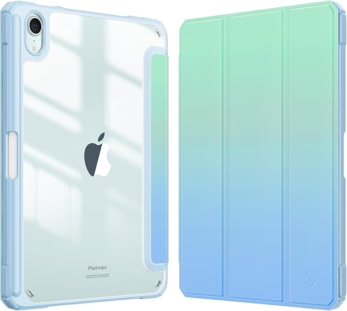 Fintie Hybrid Slim Case for iPad Mini 7 (A17 Pro, 7th Generation) 2024 / iPad Mini 6 (6th Gen) 8.3 Inch, [Built-in Pencil Holder] Shockproof Cover Clear Transparent Back Shell, Seaside Ombre