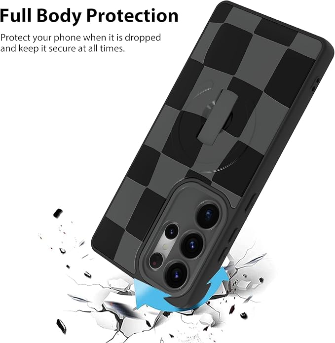 KANGHAR Compatible with Samsung Galaxy S25 Ultra Case, Support for MagSafe, Silicone Checkered Cute Pattern, Wristband Kickstand Camera Protection Soft Slim Cover for Girls Women -Black