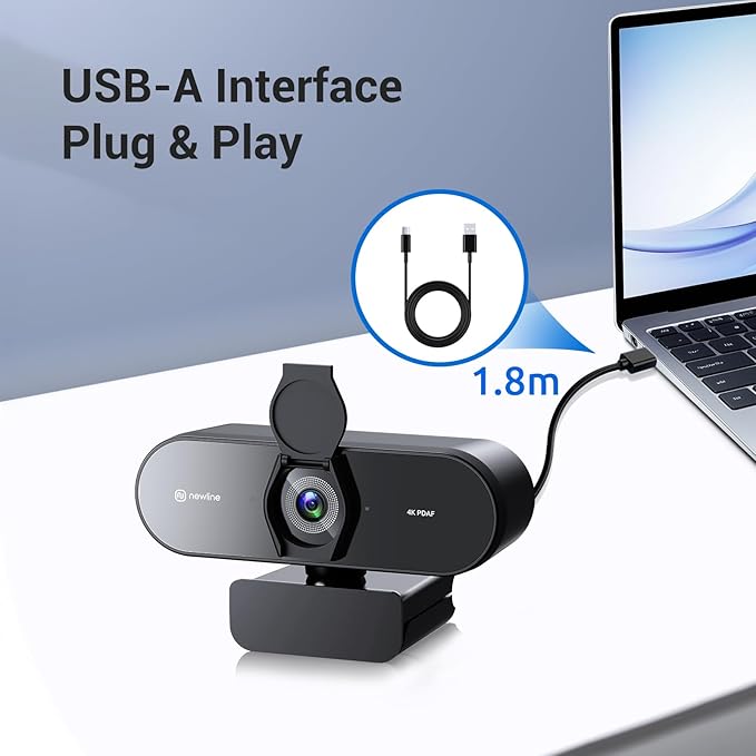 N newline 4K Webcam for PC with PDAF Autofocus, Privacy Cover, Dual Microphones, 4K@30FPS & 1080P@60FPS, Auto Light Correction, Plug & Play USB Camera for Laptop, Mac & Desktop, Streaming