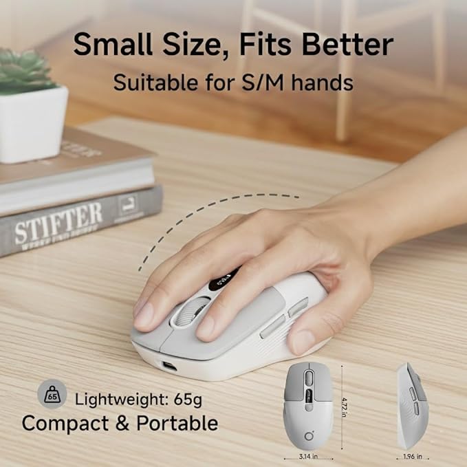 EWEADN Q1 Wireless Bluetooth Mouse, BT & 2.4G Computer Mouse with Battery & DPI LED Screen Display, Type-C Rechargeable with 1600 DPI Levels, 6 Button Silent Ergonomic Mouse for Laptop/PC/Mac-Grey