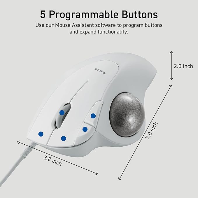 ELECOM Ergonomic Comfort Design Trackball IST Wired USB-A Connection, Smooth Tracking with Ruby Ball Bearing, 36mm Ball, Thumb Control, Compatible for Windows, PC, and Mac White (M-IT10URWH)