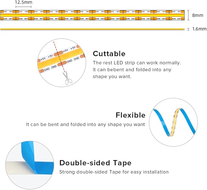 USB LED Light Strip 6.56FT, 5 Volt USB Powered Dimmable COB LED Tape Lights, 4000K Natural White 8mm High Density Flexible Strips CRI90+ for TV Backlight Under Cabinet Lighting Bedroom Kitchen