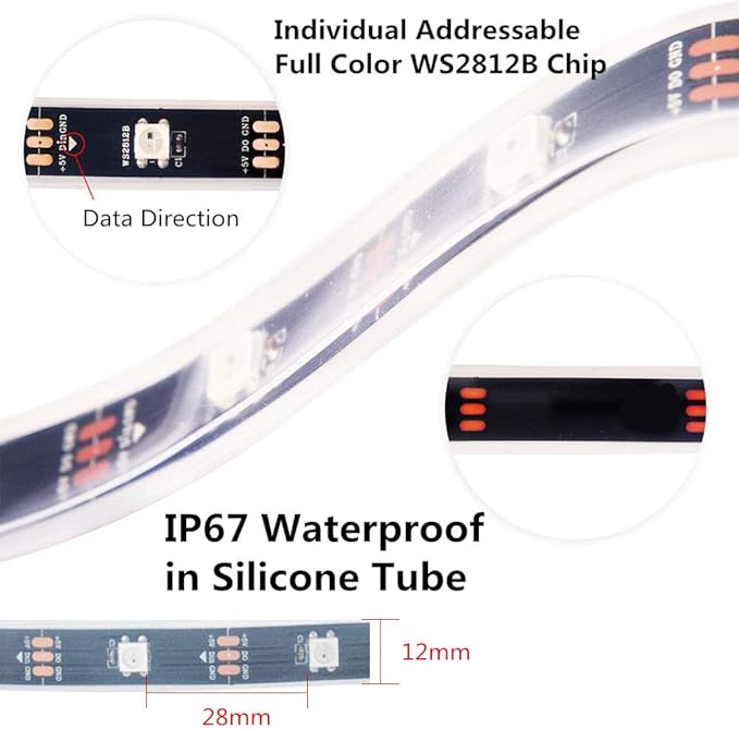 WS2812B LED Strip Lights 16.4ft 5M WS2812B 150LEDs Programmable Individual Addressable WS2811 Built-in 5050 RGB LED Strip IP67 Waterproof DC5V with Mini Controller