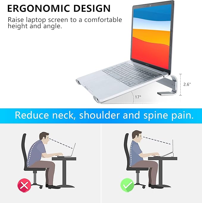 Ventilated Laptop Stand for Desk, Ergonomic Aluminum Laptop Riser, Computer Stand for Laptop, Compatible with MacBook Air Pro, Dell, HP, More 11-17.3 Inches Notebook, Work from Home (Silver)