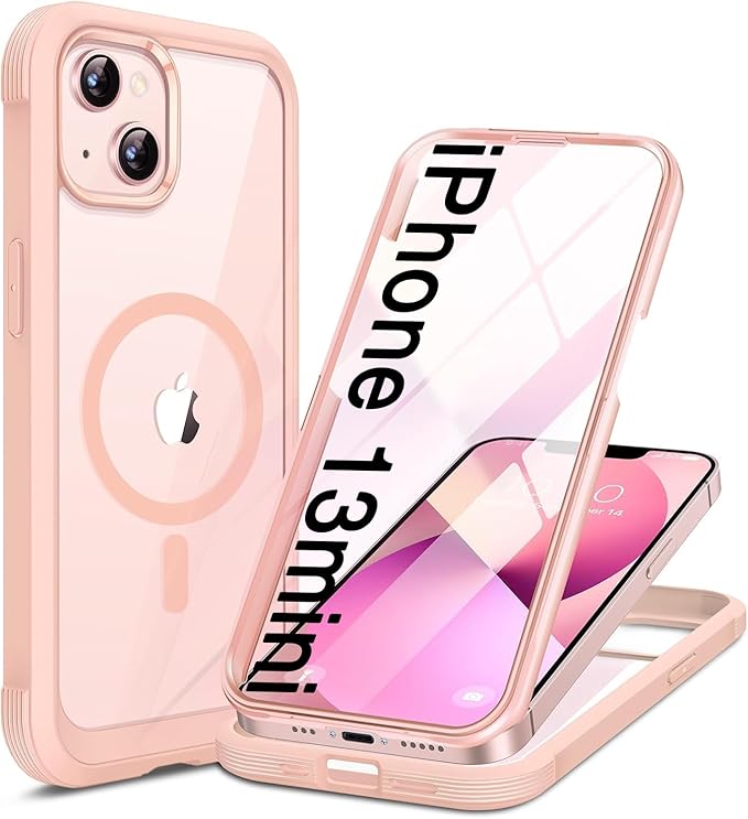 Miracase for iPhone 13 mini Case 5.4",Full-Body Protection,Clear Bumper Case with Built-in 9H Tempered Glass Screen Protector,Military-Grade Drop Protection Outdoor Phone Case for iPhone 13 mini,Pink