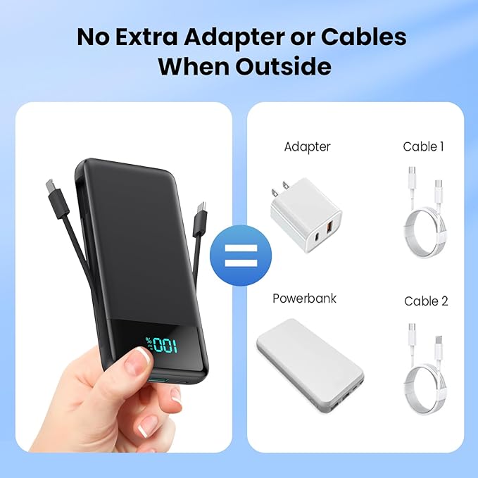 Portable Charger for iPhone,13800mAh Slim Power Bank with Built-in Cables & AC Wall Plug,All in One 4 Outputs USB C Fast Charging Battery Pack Powerbank for iPhone 17/16/15/14,Android,Travel Essential