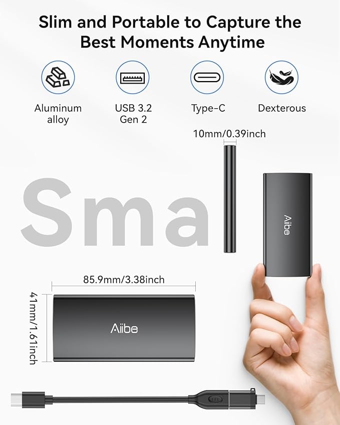 Aiibe 500GB External Solid State Drive USB C Portable SSD USB 3.2 Gen 2, Up to 1050MB/s, External SSD 500GB External Hard Drive for iPhone 15/Pro, Laptop, Mac and PS4 (Black)