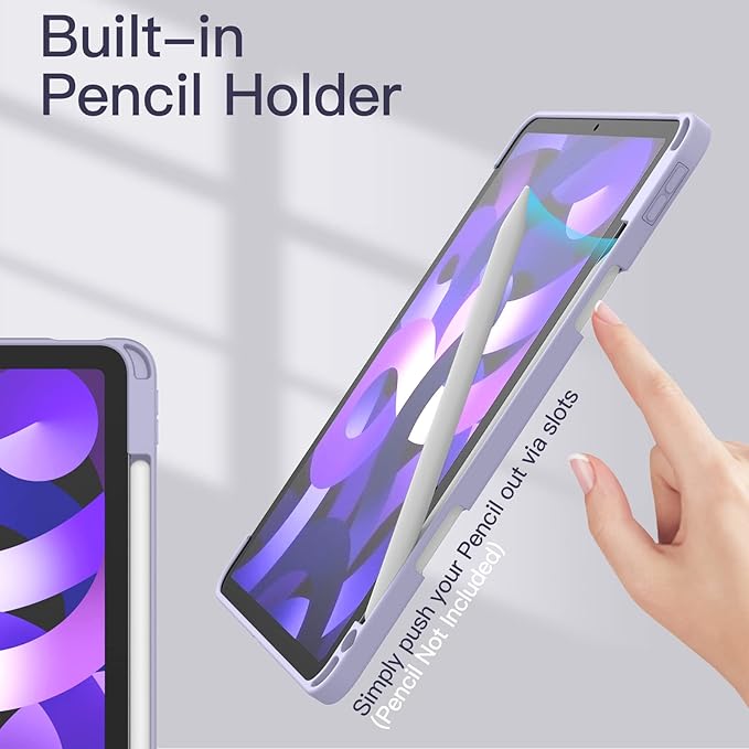 JETech Case ONLY for iPad Air 11-Inch M4/M3/M2 (2026/2025/2024), iPad Air 5/4 (2022/2020 5th/4th) with Pencil Holder, Clear Transparent Back Slim Stand Shockproof Tablet Cover (Purple)
