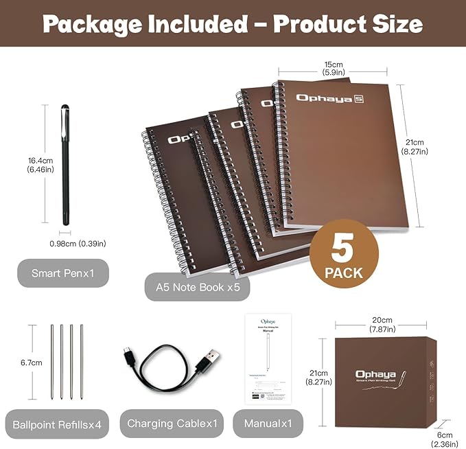 Ophaya Sync Smart Pen and A5 Notebook(5-Pack) for Note Taking| Gifts for Adults Women Men Coworkers Teachers Students Guest Friends | Sync Notes to Phone/Tablet Instantly/Convert to Text