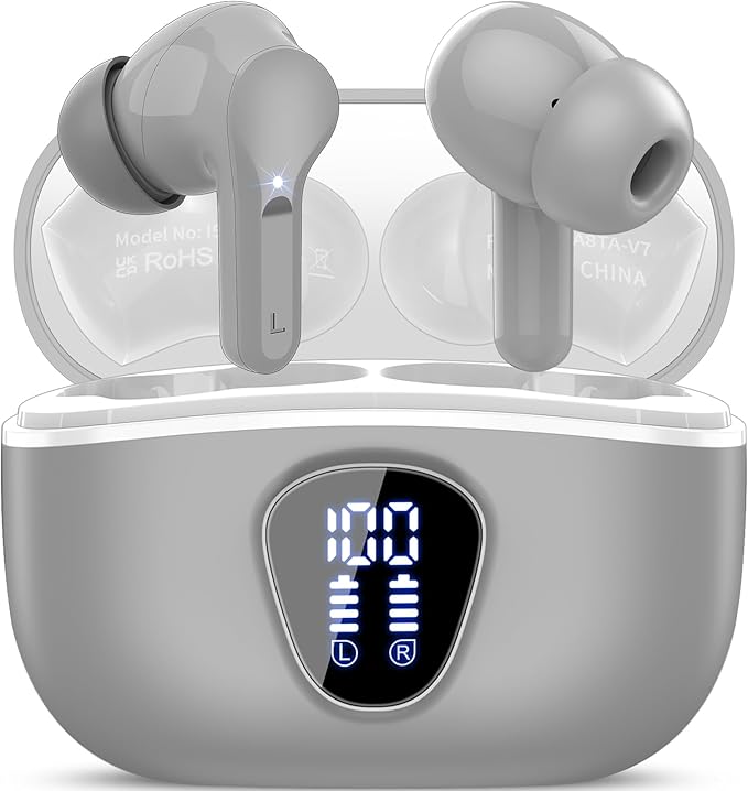 Wireless Earbuds, Bluetooth 5.4 Headphones HiFi Stereo, Bluetooth Earbuds with ENC Noise Cancelling Mic, IP7 Waterproof in Ear Earphones, 48H, LED Display Ear buds for Pad Phones Workout Sports, Grey