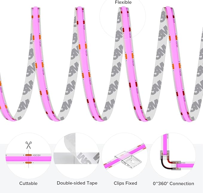 COB Purple LED Strip Light DC12V Flexible High Density Uniform Bright 480LEDs/m Strips 16.4FT CRI90+ 8MM Width Dimmable COB LED Tape for Cabinet Indoor Decor(No Adapter/Controller)