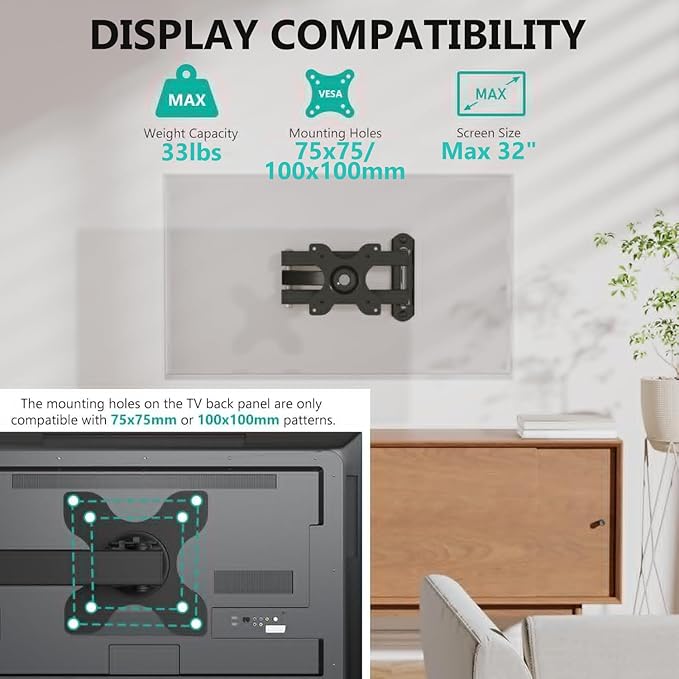 WALI TV Wall Mount Full Motion 15 inch Extension Arm Tilt Swivel for Most 13 to 32 inch LED TV Flat Panel Screen with Mounting Holes up to 100x100mm, 2 Packs (1330LM-2), Black