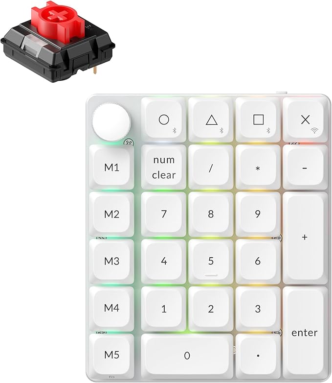 Keychron K0 Max QMK Wireless Custom Number Low-Profile RGB Backlit (Hot-Swappable) Red Switch Keypad, 2.4 GHz & Bluetooth 5.3 Connection, 1000Hz Polling Rate - White